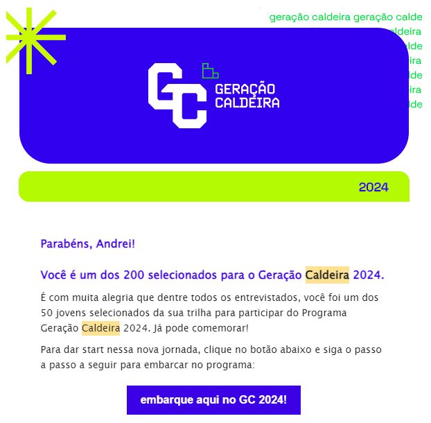 E-mail de aprovação no Geração Caldeira 2024
